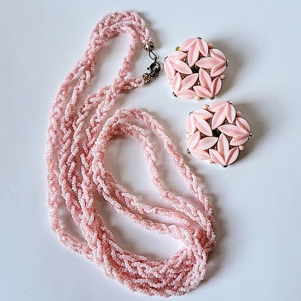 LISNER PINK LEAF CLUSTER EARRINGS with 54" BRAIDED SEED BEAD FLAPPER NECKLACE